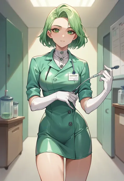 1girl, ((white elbow gloves)), ((surgical gloves)), ((latex gloves)), ((green surgeon outfit)), looking at viewer, ((doctor)), ((long sleeves)), standing, solo