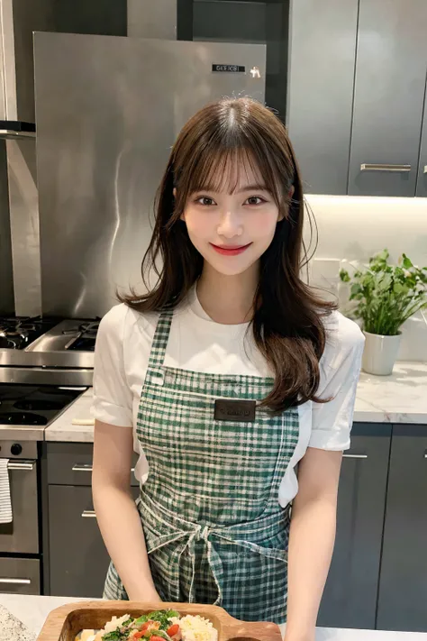 A realistic image of a girl cooking in a modern kitchen, (detailed facial expressions:1.2), wearing a stylish apron, (vivid colors), (soft natural lighting), preparing a meal with various fresh ingredients, (intricate details:1.1), (dynamic and lifelike po...