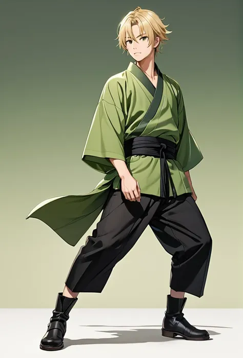 man, blond, brown eyes, short hair, green kimono, haramaki, black pants
full-length, black boots 