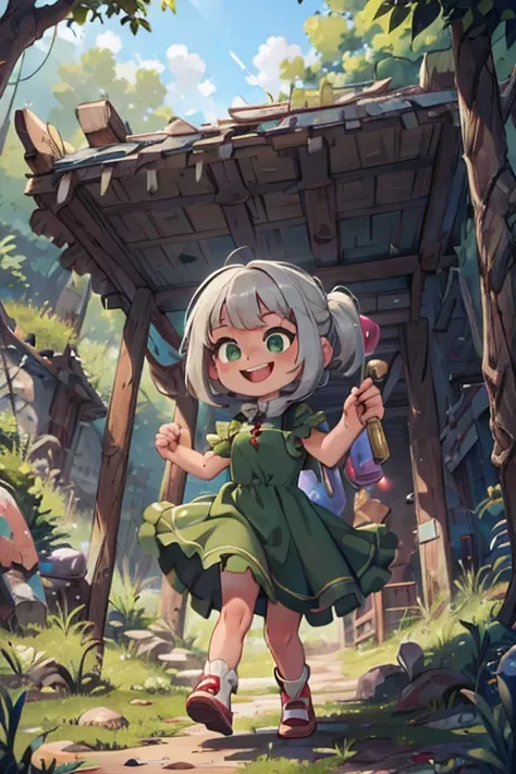 perfect face, perfect hands. A silver haired girl with green eyes in a Gothic dress is exploring a cave with a big smile