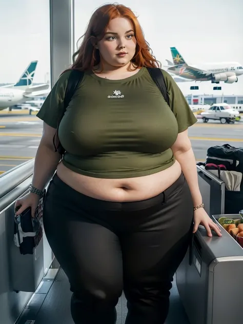 A plane passenger detailed photo of a Beautiful ginger SSBBW, with long wavy ginger hair, with big soft fat belly, thicc fat arms, thicc wide legs, big breast, in a cute green top tucked in her pants, and black pants, at airport waiting for the plane with ...