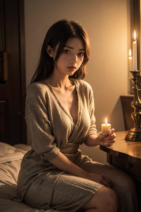 "黒猫🐈‍⬛の仲間とスチームパンクな女の子, Relax in a candlelit room,  Eye contact with viewers, Shooting with wide angle."