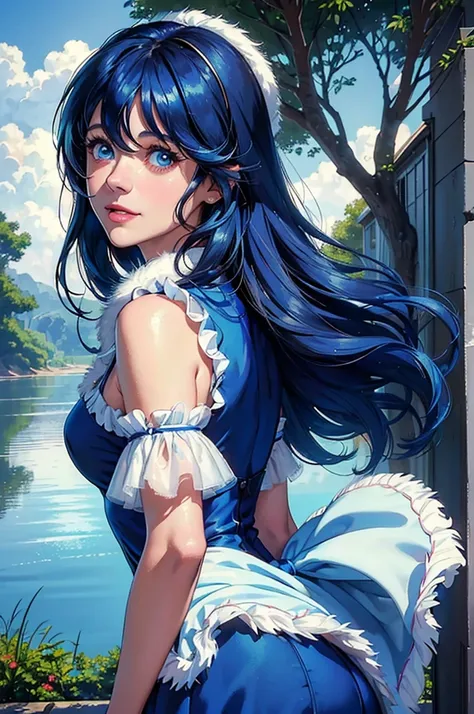 (((Masterpiece ,Best Quality, Highest quality realistic retro anime...))),(((Style Zooey Deschanel))), blue dress, top wo nerae!, 1 girl, alone, ((hyper realistic long blue fur)), looking at the viewer, SMILE, Hits,shirt blanca ,((very detailed and realist...