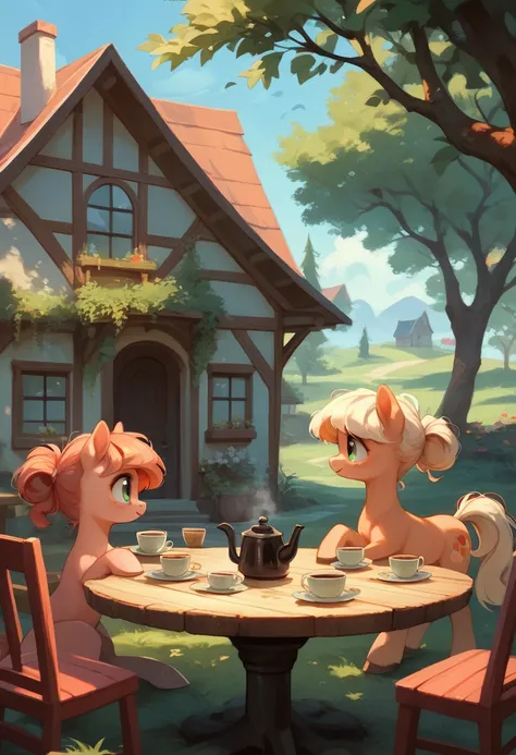 5 ponies drinking tea at the round table in the house and smartly discussing important matters