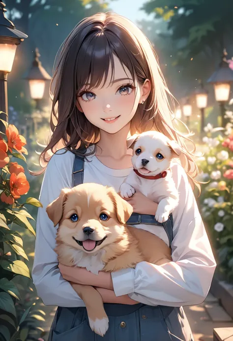 (masterpiece:1.5),(Beat quality),(high res),1girl solo,beautiful face,smile(shining eyes),upper body,light effects,Plainclothes woman,puppy,garden