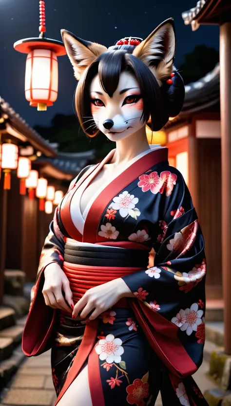 Sexy anthropomorphic fox dressed as a sexy Japanese geisha, Visible cracks, Wearing an open and decorated kimono,  Dark Japanese shrine at night, Realistic, High quality photos, 