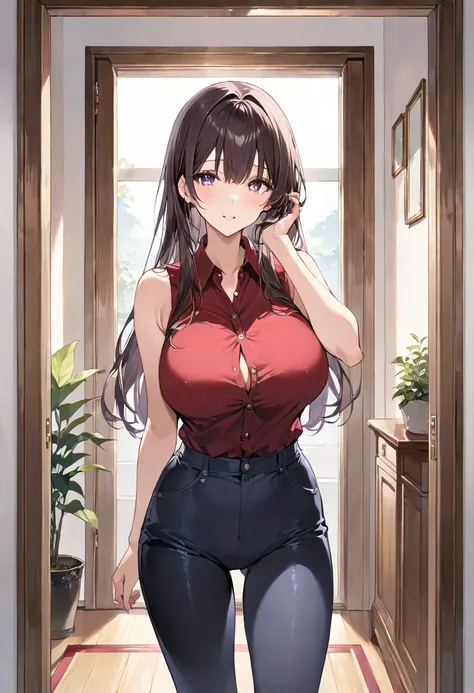 masterpiece, best quality, ultra detailed, sparkling eyes, (((nsfw))), large breasts, The image appears to depict a stylized, anime-style female character with a curvy figure, standing indoors. The character has long, dark hair and is wearing a sleeveless ...