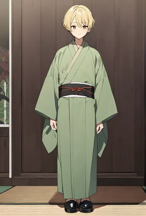 male, blond, brown eyes, short hair, green kimono, haramaki, full length, black shoes 