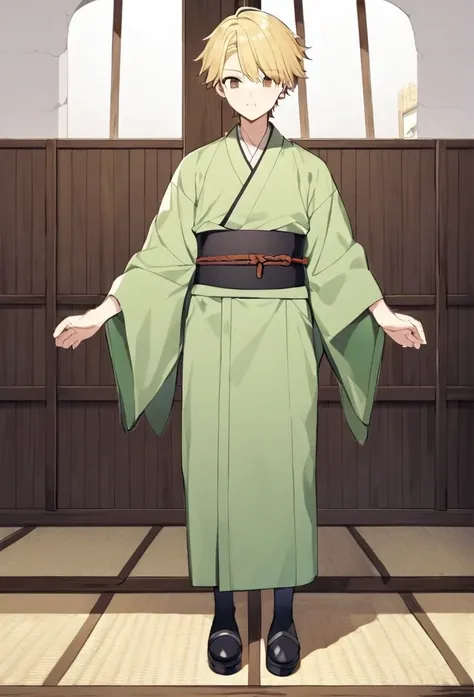 male, blond, brown eyes, short hair, green kimono, haramaki, full length, black shoes 