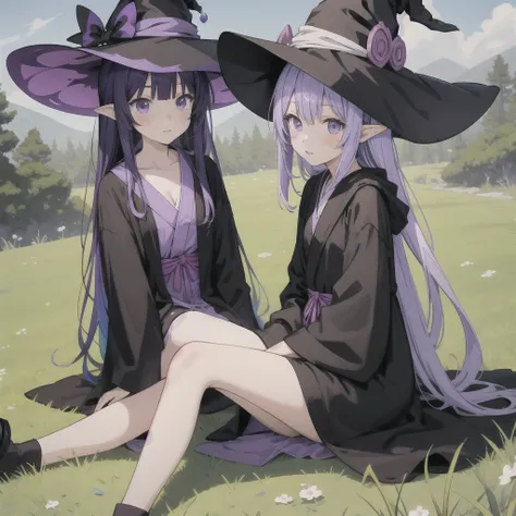 anime girl long purple hair wearing a black Robe. she has pointy ears. Witch Hat. Manga kawaii. iridescent ,An illustration, 0ne person .Sitting in the grass, hair blowing in the wind