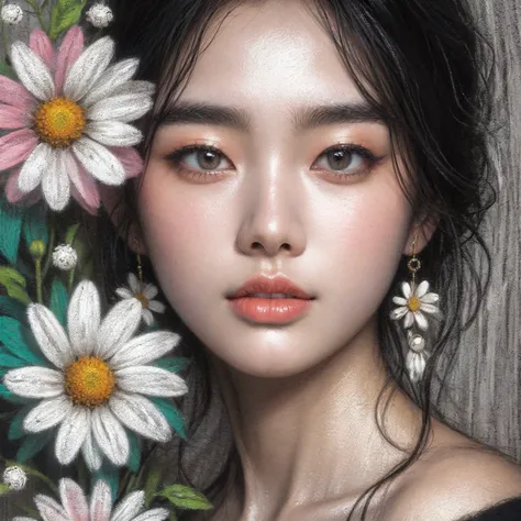 korean women, chalk portrait of a beautiful fairy, with flawless skin, and a daisy, complementary colours, artistic, painterly.bold gray background