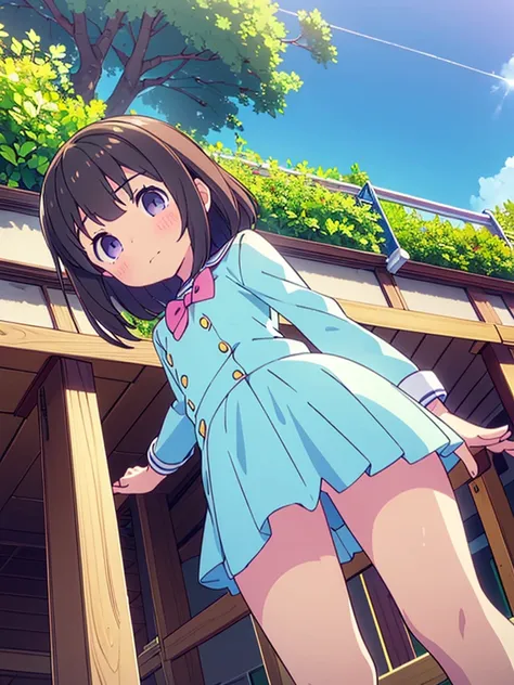 (High quality), (masterpiece), (very detailed), girl, (very small bust), short brown hair, purple eyes, shy face, (primary school loli), showing her thighs, on the school yard, sunny, camera angle from below, adorable eyes, (primar school uniform)