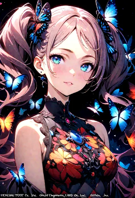 (masterpiece, Top quality, best quality, Official Art, beautiful and aesthetic:1.2), (1 Girl), long_twintails, Extremely detailed,(Fractal Art:1.3),rich and colorful,The most detailed,Upper Body, [Lace],[Jewelry],[flower],[[Butterfly]],