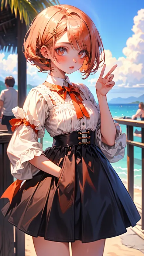 ​masterpiece、（top-quality)、((high-level image quality))、high quality UHD Retina, handsome girl, Brown eyes big eye, orange short bob Hairpin, face forward standing, cute lolita dress, sunrise beach, Wide Angle
