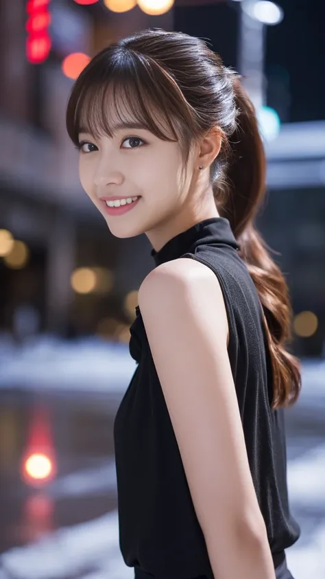 1 girl, (Wearing a black blouse:1.2), Beautiful Japanese actresses, (ponytail:1.3),
(RAW Photos, Highest quality), (Realistic, Photorealistic:1.4), masterpiece, 
Very delicate and beautiful, Very detailed, 2k wallpaper, wonderful, 
finely, Very detailed CG...