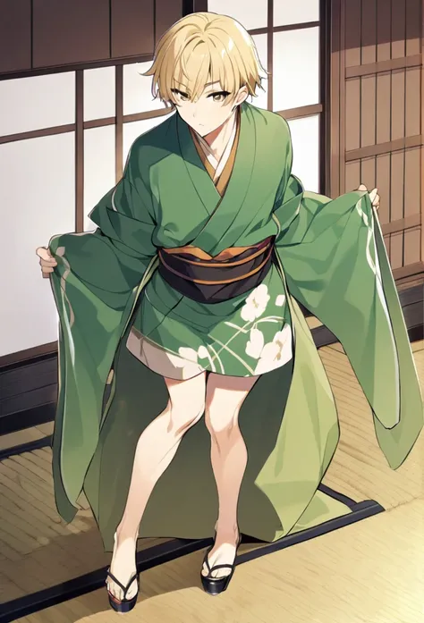 an adult male, blond, brown eyes, short hair, green kimono,short kimono, haramaki, full length, black shoes 