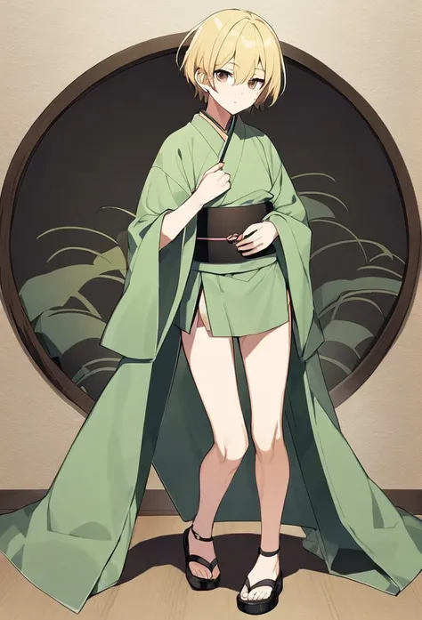 an adult male, blond, brown eyes, short hair, green kimono,short kimono, haramaki, full length, black shoes 