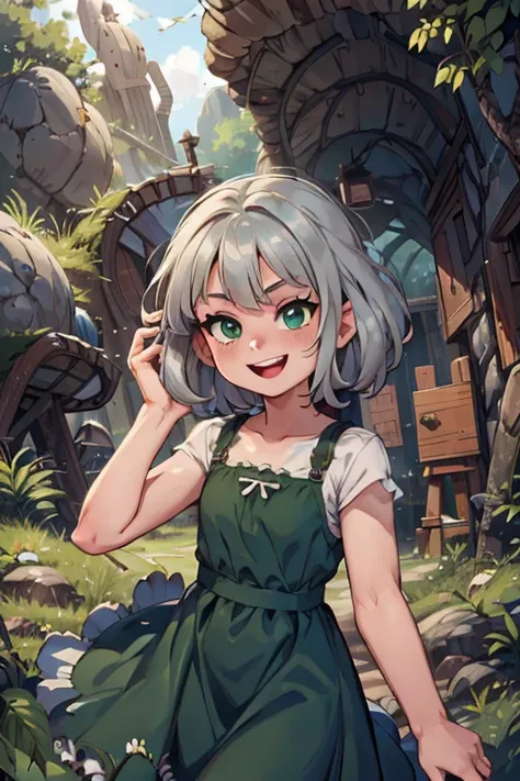 perfect face, perfect hands. A silver haired girl with green eyes in a Gothic dress is exploring a cave with a big smile
