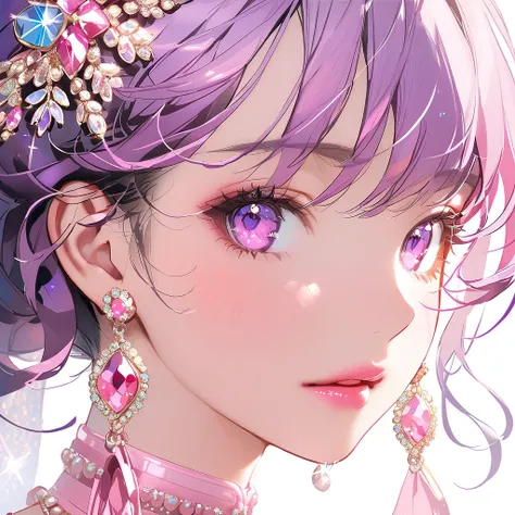 1girl, closeup, purple eyes, pink eyes, purple hair, diamond earrings, diamond necklace, pink lips, gorgeous, shining, glitter, beautiful face, pink theme 