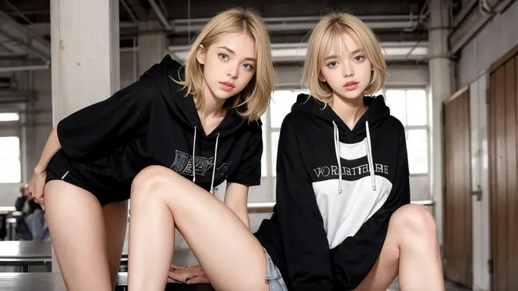 deux femmes blonde ensemble de 18 ans sexy et mince , black short sleeve hoodie , salle de classe, se touche,position sey,sensuel