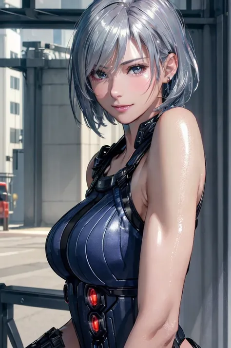 (8k, photorealistic, RAW photo, top quality: 1.4), (1girl), super beautiful, (realistic face), (boyish, silver-colored berry short hair), beautiful cyberpunk suit, glares seducing viewer, beautiful expression, beautiful breasts, (realistic skin), beautiful...