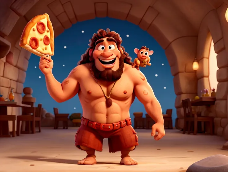 disney pixar style caveman ,holding up a pizza 