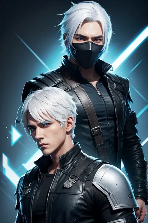 Free fire game style male character ,white hair with blue,a black mask,light yellow shirt,Lokizinff,