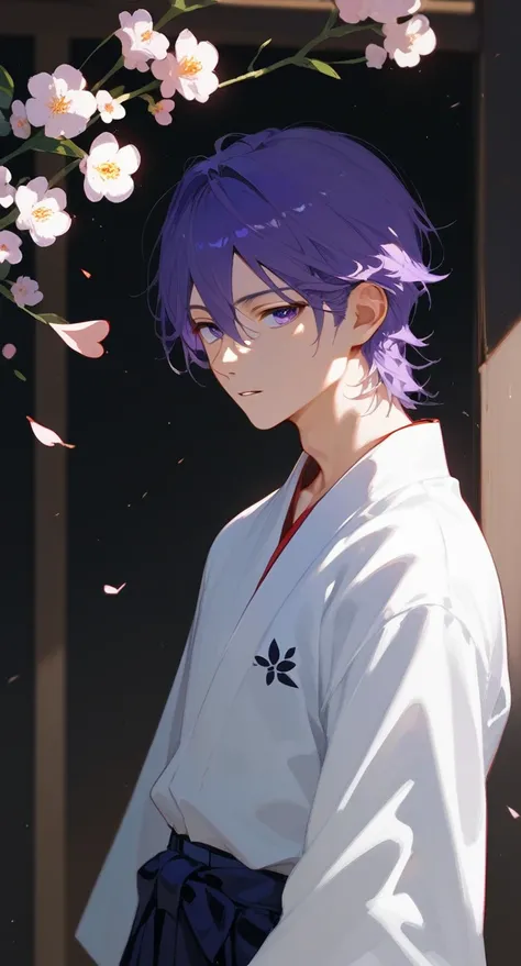 1 boy, pretty, face, purple hair, sllim, flower, hakama