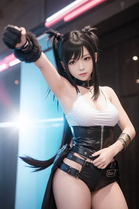 A girl strikes the perfect pose for the camera。「Final Fantasy VII」Cosplayer of Tifa Lockhart photographed at Comiket in Tokyo。Combining 2D and 3D elements、Beautiful, detailed, anime-style facial features。Black tank top and traps slipping off the shoulder、T...