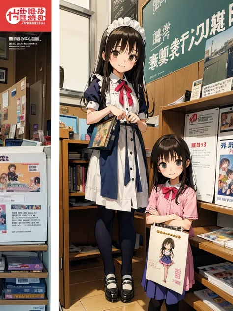 masterpiece, best quality, 2girls, 10yo, (petite),
 smile, standing, maid,
 welcome, comiket, crowd, indoors, signboard, table, chair, book, doujinshi, poster, sketchbook,