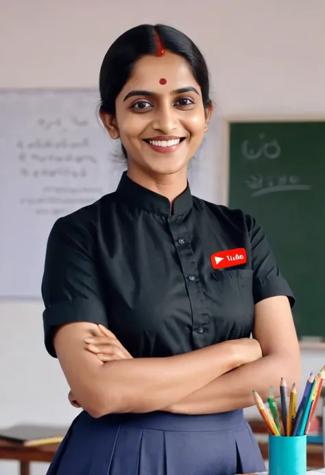 a woman in a black shirt is smiling and holding a pencil, teacher, youtube video screenshot, inspired by T. K. Padmini, youtuber, indian master, wearing headmistress uniform, master artist, mm, screengrab, student, wearing in shirt, youtube, in tshirt, vib...