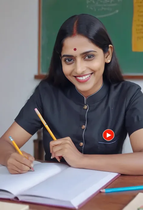 a woman in a black shirt is smiling and holding a pencil, teacher, youtube video screenshot, inspired by T. K. Padmini, youtuber, indian master, wearing headmistress uniform, master artist, mm, screengrab, student, wearing in shirt, youtube, in tshirt, vib...