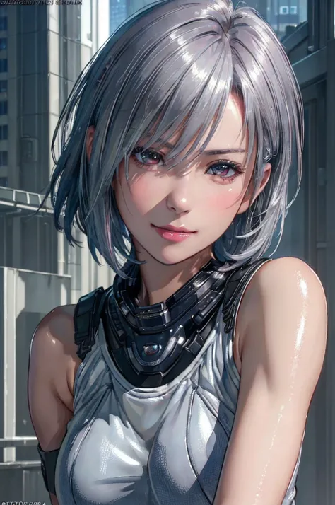 (8k, photorealistic, RAW photo, top quality: 1.4), (1girl), super beautiful, (realistic face), (boyish, silver-colored berry short hair), beautiful cyberpunk suit, glares seducing viewer, beautiful expression, beautiful breasts, (realistic skin), beautiful...