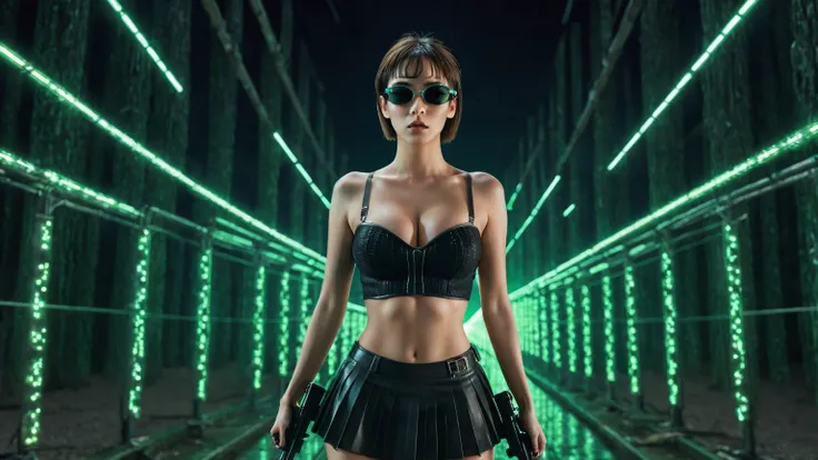 aerial view. sci-fi circuit background. Matrix style, at night, dark sky, (((1girl, solo))), photo realistic, (large-breast:1.3 slim body, cleavage:1.2), (((tube top, very short pleated miniskirt))), (((((matrix style black sunglasses))))), (((aiming at ca...