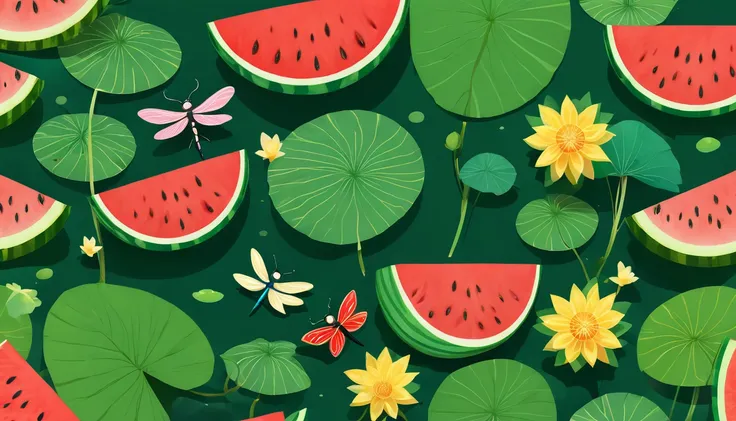 Small summer solar term，watermelon，dragonfly，Lotus lotus leaves，Illustration style