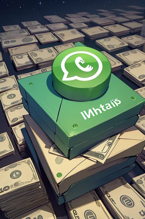 Create the WhatsApp logo lighting up the sky at night, surrounded by piles of money