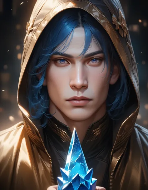 a handsome young man with sky blue hair, wearing a black and gold jacket, holding a glowing blue ice spike in his left hand, in a half-bent pose, with a cool and intense gaze, and deep blue eyes, (best quality, masterpiece:1.2), ultra-detailed, (realistic,...