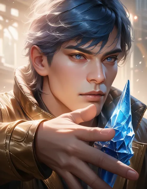 a handsome young man with sky blue hair, wearing a black and gold jacket, holding a glowing blue ice spike in his left hand, in a half-bent pose, with a cool and intense gaze, and deep blue eyes, (best quality, masterpiece:1.2), ultra-detailed, (realistic,...