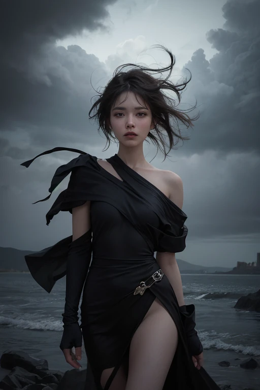 Imagine a girl standing on a vast plain.,Her face was emotionless,Under dark skies, I peer into the storm-filled horizon. The strong wind made her hair dance wildly.,Adding dynamism to a gloomy scene. The distant storm seems to reflect the turmoil in her m...