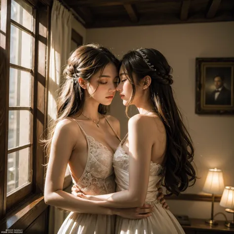 (masterpiece, highest quality, official art, beauty and aesthetic), two stunning bride is deeply in love with each other, kiss, romantic atmosphere