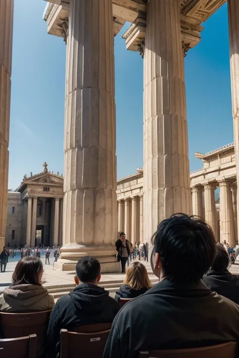 Disciples preaching in the squares of ancient cities, with small groups of people listening intently.
Buildings and structures of the time (like columns and temples) Ao fundo.