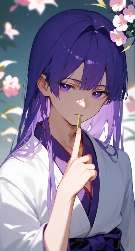 1 boy, Reo Mikage, pretty, face, purple hair, sllim, flower, hakama
