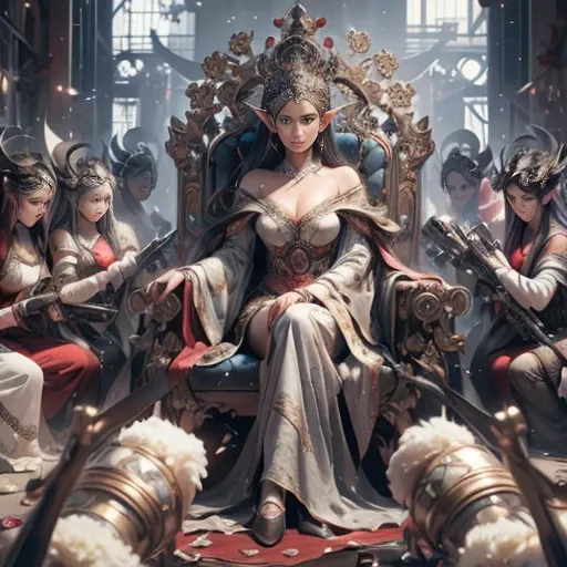 Captivating masterpiece by artist Cepriu, a neorealist image of a seductive elf queen. the elf queen is sitting on a traditional throne surrounded by other slaves, a beautiful fantasy queen, beautiful representation of the tang dynasty, ((a beautiful fanta...