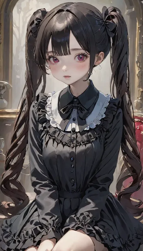 (Highest quality、masterpiece、Super detailed、一人のgirl、Cute face、Black silky short hair、(((短い髪のTwin tails、ショートボブのTwin tails)))、Gray eyes、From the knee up、Gothic Lolita Fashion、Highly detailed eye、Little red cheeks and nose、Cute face、((💀、☠、girl、💀)))、Twin tails...