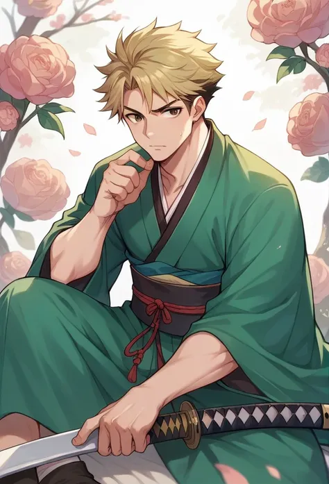 boy, blond, brown eyes, green kimono, haramaki, katana, in full growth 