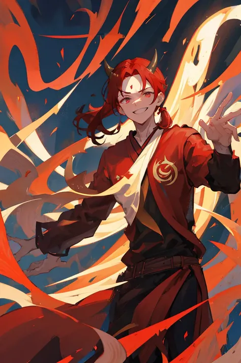 Red haired young man, masculine, black horns on forehead, Black shirt, martial artist clothes, monk robes, surrounded by fire, golden eyes, sharp eyes, dark red hair, ponytail, confident smile, black armbands, light dark skin, perfect hands, good hands, go...