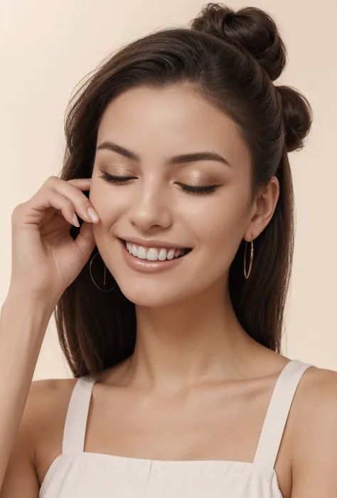 A young woman is depicted in a close-up shot against a plain, light-colored background. She has her dark hair pulled back in a loose, messy bun, and her complexion is glowing and clear. The woman is smiling brightly, showing her teeth, and has her eyes clo...