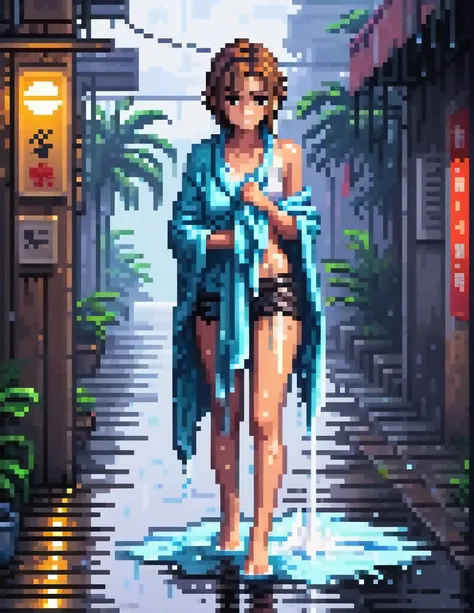 (masterpiece, Highest quality, Highest quality), pixel,pixel art,Girl with wet cloth,Oily skin,Wet Skin,whole body