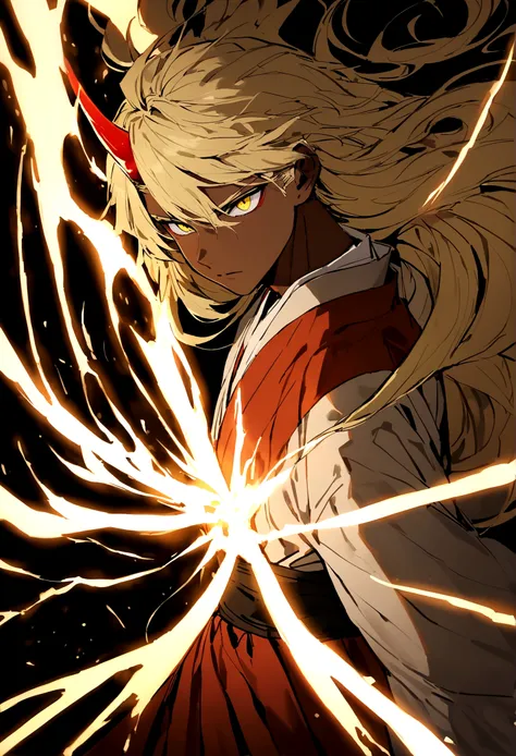 Beautiful young man with blond hair and dark skin, 27 years old, Yellow Eyes, A single red horn grows from the right side of its head.., Wearing traditional Korean clothing, Waist-length flowing hair.Fight enemies with magic.A tense look.