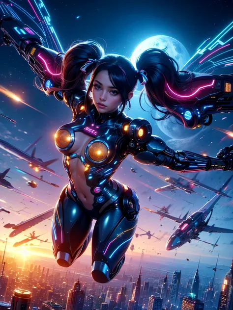 top quality, future world, State-of-the-art robot, Beautiful Woman,  Transformed into a cyborg except for the face, sexy images, whole body photo, (((twin tails hair, flying hair)))